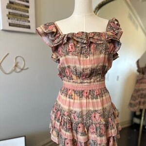 Floral Ruffle Dress in Pink and Gray with smocked waist